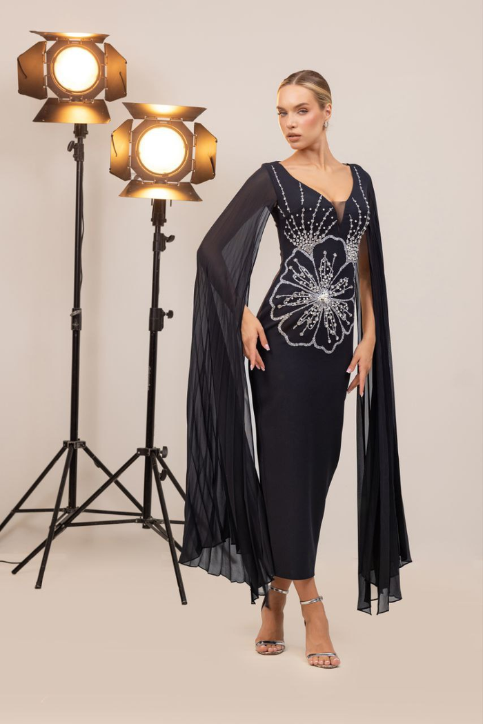 RANIA EMBELLISHED CAPE DRESS